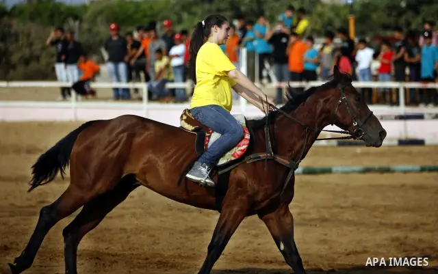 A Palestinian rides a horse during the "Jump Championship" race in Gaza City July 8, 2011. Photo by Ali Jadallah