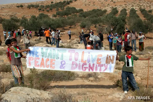 Palestinian, foreign and Israeli protesters hold poster as Israeli troops fire tear gas to disperse the protesters during a demonstration against the demolishing of farm land to be used in the construction of Jewish sett...