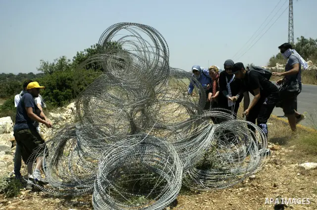 Palestinian and foreign protesters try to remove a part of Israeli separation barrier during a demonstration against Israeli occupation and settlements on July 11, 2011 in the village of Ezbet Tabeeb near the West Bank t...