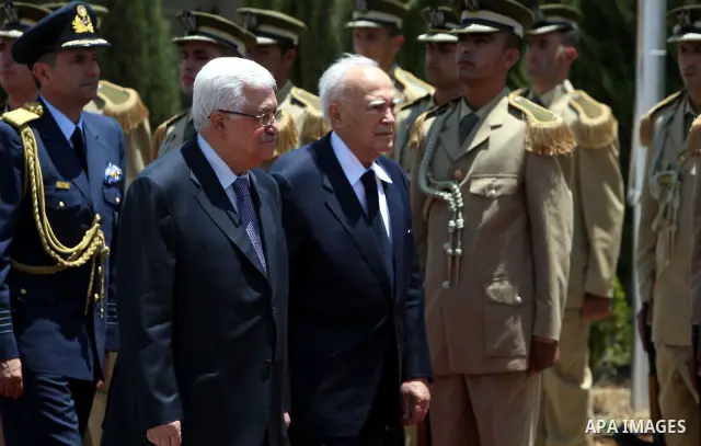 Palestinian President Mahmoud Abbas (Abu Mazen) meets with Greek President Karolos Papoulias in the West Bank city of Ramallah on July 12, 2011. Photo by Thaer Ganaim