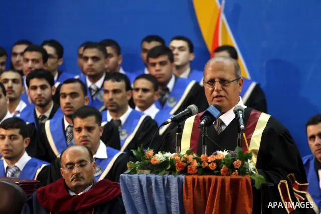 Jamal El Khoudary, Chairman of the board trustees delivers speech during a graduation ceremony for the Palestinian students at the Islamic University in Gaza city on July 12, 2011. Photo by Mohammed Asad