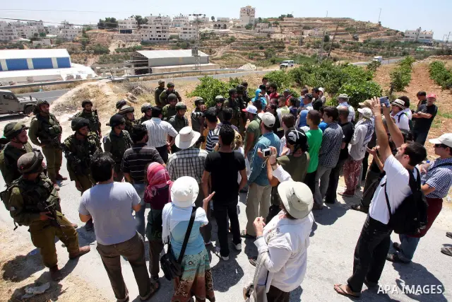 Protesters argue with an Israeli soldiers during a demonstration against Israel's controversial separation barrier in the West Bank village of Maasarah, near the biblical town of Bethlehem on 15 July 2011. Israel says th...