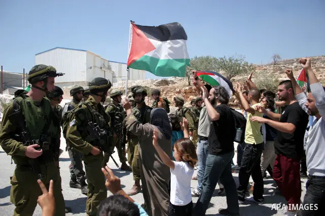 Protesters argue with an Israeli soldiers during a demonstration against Israel's controversial separation barrier in the West Bank village of Maasarah, near the biblical town of Bethlehem on 15 July 2011. Israel says th...