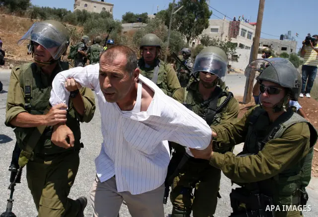 Israeli border guards arrest a Palestinian protestor during clashes following a demonstration against Israeli occupation and settlements expansion, on July 15, 2011 in the West Bank village of Nabi Saleh Photo by Issam R...