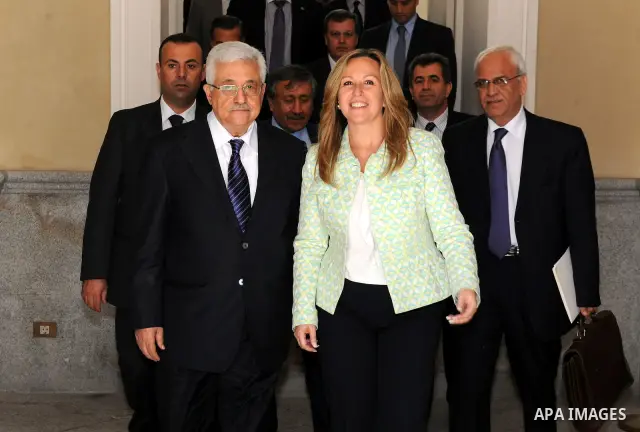 Palestinian President Mahmoud Abbas (Abu Mazen) meets with Spanish Foreign Minister Trinidad Jimenez at foreign ministry in Madrid July 19, 2011. Photo by Thaer Ganaim