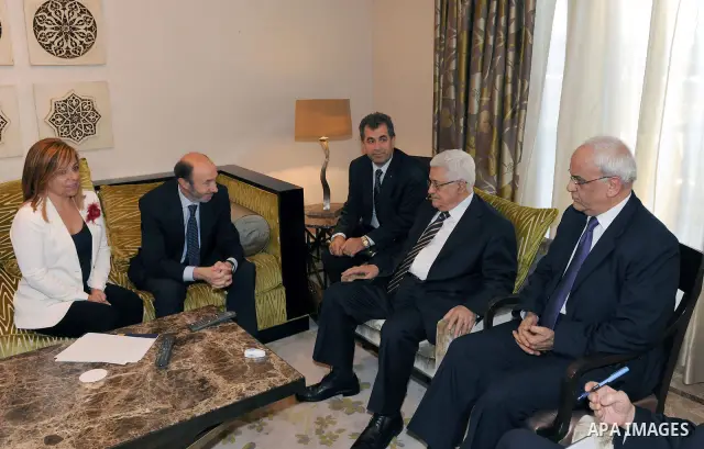 Palestinian President Mahmoud Abbas (Abu Mazen) during a meeting with the Spanish Socialist Party candidate for the 2012 election, Alfredo Perez Rubalcaba in Madrid on July 19, 2011 Photo by Thaer Ganaim