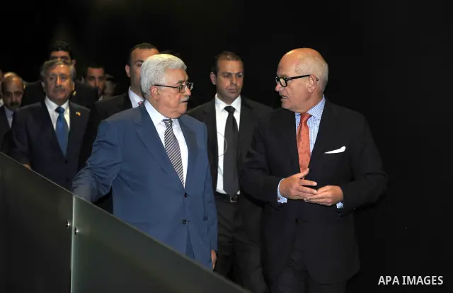 Palestinian president Mahmud Abbas meets with FC Barcelona's vice president Carles Vilarrubi during a visit at the Camp Nou Stadium in Barcelona on July 21, 2011. Abbas is on a two-day visit in Spain aimed at drumming up...