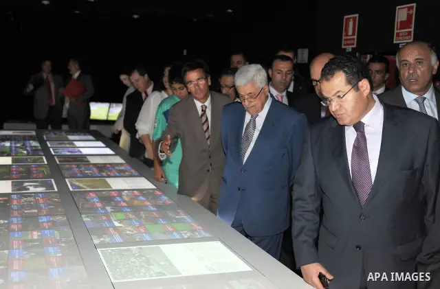 Palestinian president Mahmud Abbas meets with FC Barcelona's vice president Carles Vilarrubi during a visit at the Camp Nou Stadium in Barcelona on July 21, 2011. Abbas is on a two-day visit in Spain aimed at drumming up...