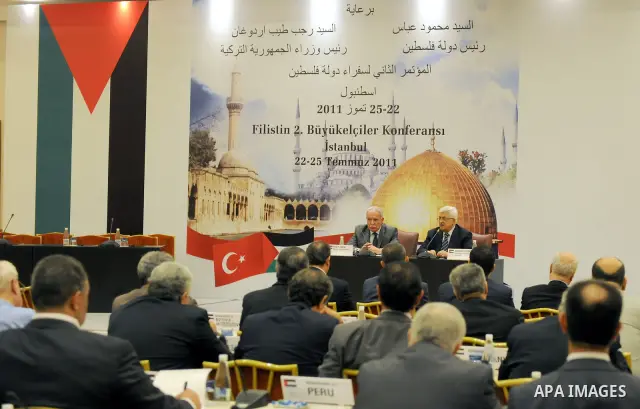 Palestinian president Mahmud Abbas attends the preparatory meeting for the second conference of Palestinian ambassadors in the world in the Turkey's capital of Istanbul on July 22, 2011. Abbas is in a visit in Turkey aim...