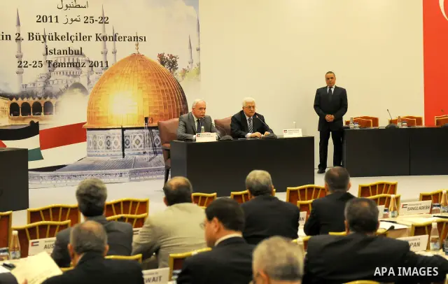 Palestinian president Mahmud Abbas attends the preparatory meeting for the second conference of Palestinian ambassadors in the world in the Turkey's capital of Istanbul on July 22, 2011. Abbas is in a visit in Turkey aim...