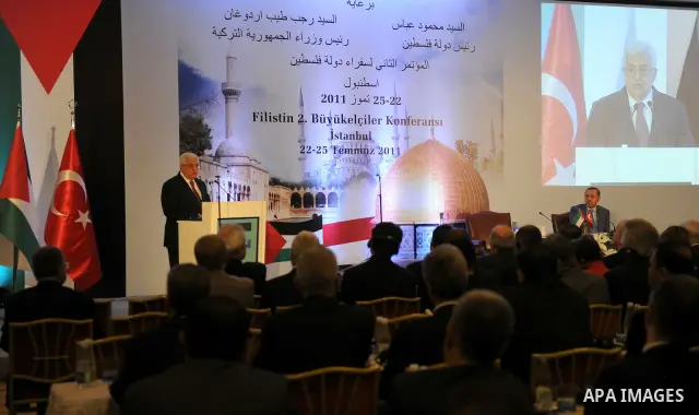 Palestinian President Mahmoud Abbas (Abu Mazen) delivers speech during a meeting with Turkish Prime Minister Recep Tayyip Erdogan at the opening of the Second Conference of the Ambassadors of Palestine in Istanbul on Jul...