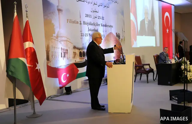 Palestinian President Mahmoud Abbas (Abu Mazen) delivers speech during a meeting with Turkish Prime Minister Recep Tayyip Erdogan at the opening of the Second Conference of the Ambassadors of Palestine in Istanbul on Jul...
