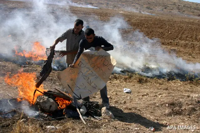 Israeli soldiers stand guard (not seen) as Palestinian farmers work at their land after returned to them by the Jewish settlers next to the Israeli settlement of Sosia, near the West Bank city of Hebron on July 23, 2011....
