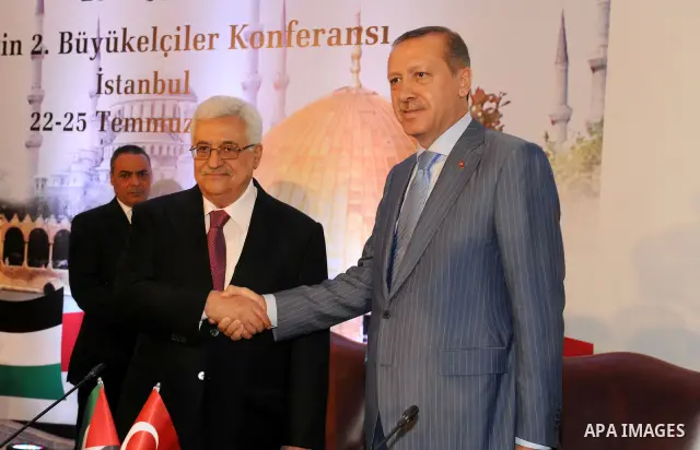 Palestinian President Mahmud Abbas and Turkish Prime Minister Recep Tayyip Erdogan attend the Palestinian ambassadors meeting in Istanbul on July 23, 2011. Mahmud Abbas said Saturday that the Palestinians' bid for UN mem...