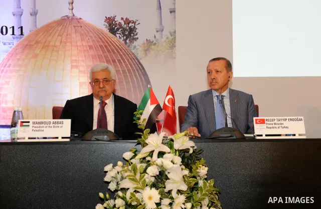 Palestinian President Mahmud Abbas and Turkish Prime Minister Recep Tayyip Erdogan attend the Palestinian ambassadors meeting in Istanbul on July 23, 2011. Mahmud Abbas said Saturday that the Palestinians' bid for UN mem...