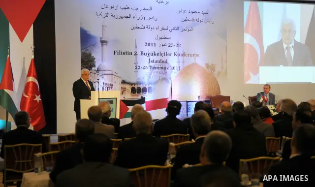 Palestinian President Mahmud Abbas and Turkish Prime Minister Recep Tayyip Erdogan attend the Palestinian ambassadors meeting in Istanbul on July 23, 2011. Mahmud Abbas said Saturday that the Palestinians' bid for UN mem...