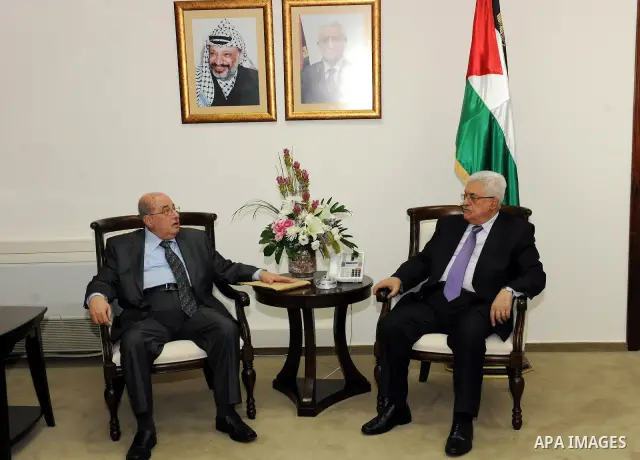 Palestinian President Mahmoud Abbas (Abu Mazen) meets with the Palestinian National Council Chairman, Saleem Zaanon in the West Bank city of Ramallah on July 24, 2011. Photo by Mufeed Abu Hasnah