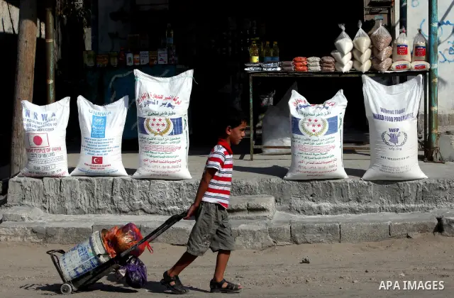 A Palestinian boy walks with his cart beside monthly food aid at a UN distribution center at the Shatie refugee camp, western Gaza city, 24 July 2011. The UN Relief and Works Agency (UNRWA) will reduce some of its servic...