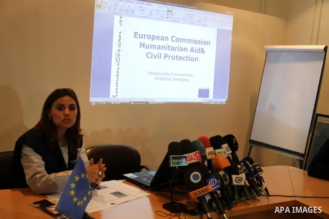 Representative of the Jerusalem office of the European Union speaks at a press conference about the achievements of the Union in the office of Gaza city on July 25, 2011. Photo by Mohammed Asad