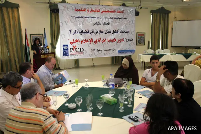 The Palestinian institute for Communication and Development celebrates for the best media work for woman, sponsored by the UNDP in Gaza city on July 27, 2011. Photo by Mohammed Asad
