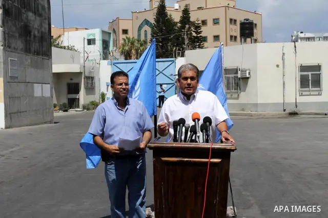 The UNRWA Spokesman, Chris Guinness delivers speech during a press conference against targeted the summer games in Gaza city on July 28, 2011. Photo by Mohammed Asad