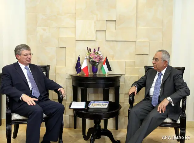 Palestinian Prime Minister, Salam Fayyad receives Foreign Minister of Malta, Tonio Borg in the West Bank city of Ramallah on July 2, 2011. Photo by Mustafa Abu Dayeh