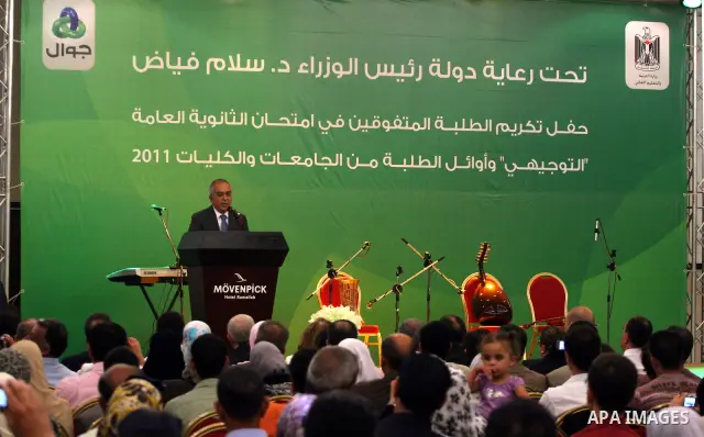 Palestinian Prime Minister, Salam Fayyad during the ceremony of honoring the early high school, universities and colleges in the Movenpick Hotel in the West Bank city of Ramallah on July 28, 2011. Photo by Issam Rimawi