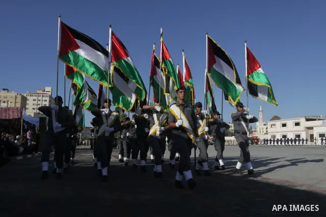 Palestinian Hamas security forces march during a graduation ceremony at the Ansar police compound in Gaza City on July 28, 2011. Photo by Naaman Omar