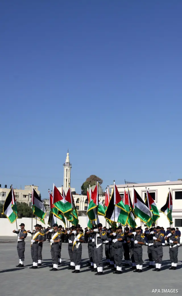 Palestinian Hamas security forces march during a graduation ceremony at the Ansar police compound in Gaza City on July 28, 2011. Photo by Naaman Omar
