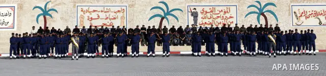 Palestinian Hamas security forces march during a graduation ceremony at the Ansar police compound in Gaza City on July 28, 2011. Photo by Naaman Omar