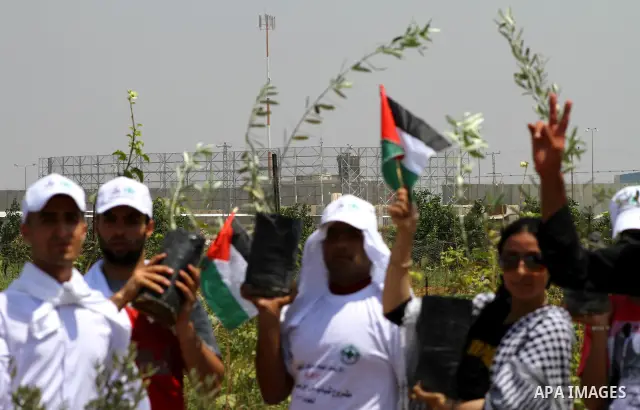 Palestinian protesters wave national flags during a demonstration on July 30, 2011 on the outskirts of Gaza City against the military zone Israel created on Palestinian land, east of the city, as a buffer between its bor...