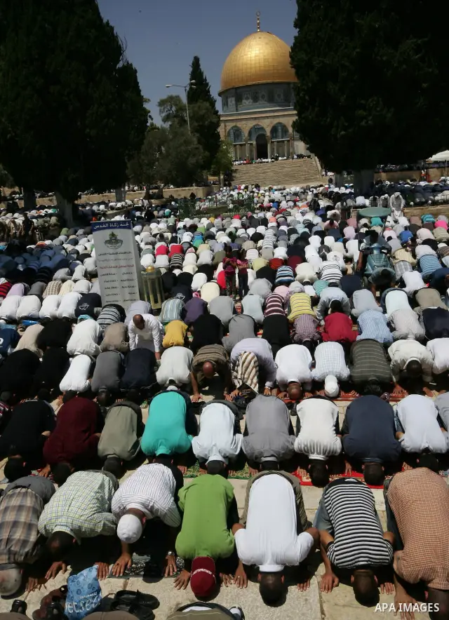 Palestinians Muslims pray in front of the Dome of the Rock on the compound known to Muslims as al-Haram al-Sharif during the first Friday of the holy month of Ramadan in Jerusalem's Old City August 5, 2011. Muslims aroun...