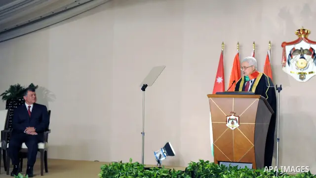Palestinian President Mahmoud Abbas (Abu Mazen) delivers speech during involved with al-Quds University and the granting of his Majesty King Abdullah II an honorary doctorate in Amman on Aug. 9, 2011. Photo by Thaer Gana...