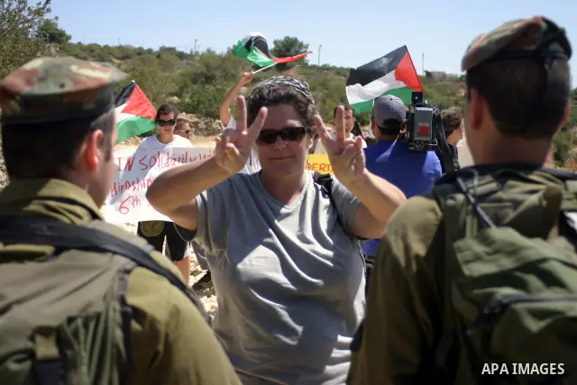 Israeli soldiers detend and scuffle with Palestinian, Israeli and foreign activists during a domonstration against the demolishing of farm land to be used in the construction of Jewish settlements near the existing Israe...