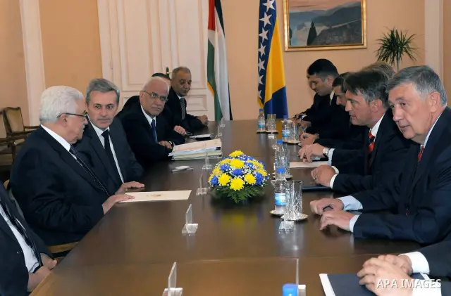 Palestinian President Mahmoud Abbas (Abu Mazen) during a meeting with Bosnian Presidency Chairman, Alija Begovic Packer and members of the Council in the Bosnian capital, Sarajevo on aug. 15, 2011. Photo by Thaer Ganaim