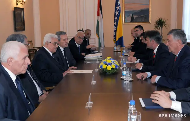 Palestinian President Mahmoud Abbas (Abu Mazen) during a meeting with Bosnian Presidency Chairman, Alija Begovic Packer and members of the Council in the Bosnian capital, Sarajevo on aug. 15, 2011. Photo by Thaer Ganaim