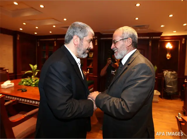 Palestinian Hamas leader Khaled Meshaal meets with Egyptian Mohamed Badie, leader of the Muslim Brotherhood in Cairo, Egypt, 17 August 2011. According to media report, a delegation of the Palestinian Hamas movement, head...