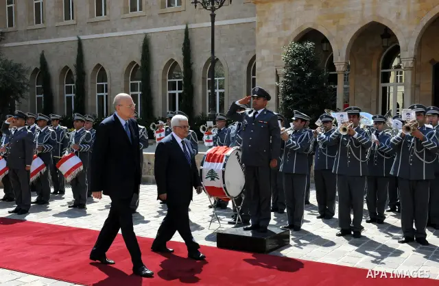 Palestinian president Mahmud Abbas meets with Lebanon's Prime Minister Najib Mikati at the government offices in Beirut on August 17, 2011. Photo by Thaer Ganaim