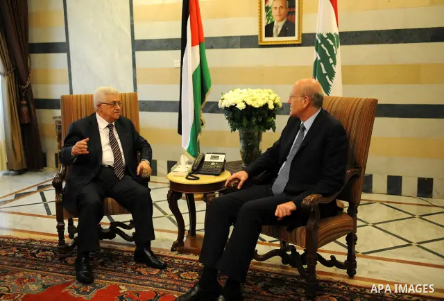 Palestinian president Mahmud Abbas meets with Lebanon's Prime Minister Najib Mikati at the government offices in Beirut on August 17, 2011. Photo by Thaer Ganaim