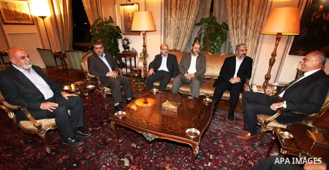 Palestinian Hamas leader Khaled Meshaal meets with the Minister of Foreign Affairs of Arab Republic of Egypt, Mohamed Kamel Amr, at the headquarters of the Foreign Ministry in Cairo on Aug. 17, 2011. Photo by Emad M Isht...