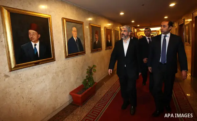 Palestinian Hamas leader Khaled Meshaal meets with the Minister of Foreign Affairs of Arab Republic of Egypt, Mohamed Kamel Amr, at the headquarters of the Foreign Ministry in Cairo on Aug. 17, 2011. Photo by Emad M Isht...