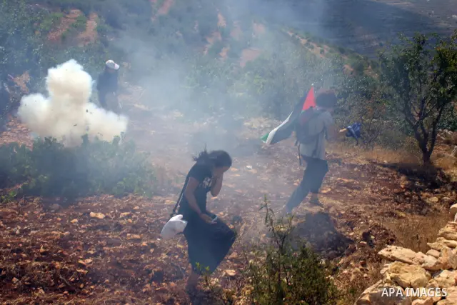 Demonstrators run for cover from tear gas canisters fired by Israeli soldiers during a demonstration by locals, left-wing Israelis, foreigner peace activists in Beit Omar, near the West Bank city of Hebron on August 20,...