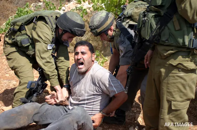 A demonstrator shouts anti-occupation slogans as Israeli soldiers try to detain him during a demonstration by locals, left-wing Israelis, foreigner peace activists in Beit Omar, near the West Bank city of Hebron on Augus...