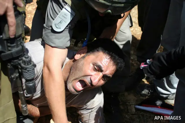 A demonstrator shouts anti-occupation slogans as Israeli soldiers try to detain him during a demonstration by locals, left-wing Israelis, foreigner peace activists in Beit Omar, near the West Bank city of Hebron on Augus...