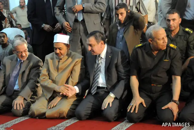 Egyptian Prime Minister, Essam Sharaf attends the last Friday prayers of the holy month Ramadan at a mosque in Cairo on August 26,2011. Egyptian security has been boosted around the Israeli embassy ahead of a protest whi...
