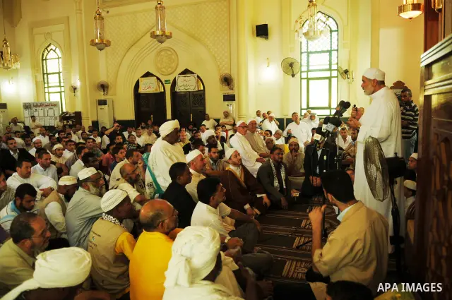 Palestinian Prime Minister in gaza Ismail Haniya meets with members of the African delegation "Freedom for prisoners convoy" at al-Nour mosque in Gaza city, on August 26, 2011. Photo by Ahmed Shaat