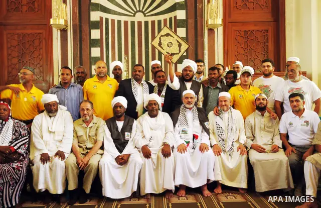 Palestinian Prime Minister in gaza Ismail Haniya meets with members of the African delegation "Freedom for prisoners convoy" at al-Nour mosque in Gaza city, on August 26, 2011. Photo by Ahmed Shaat