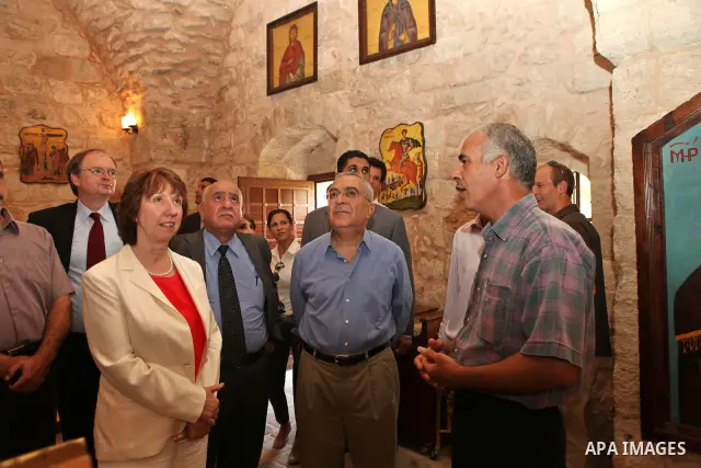 Palestinian Prime Minister, Salam Fayyad and Foreign Affairs Commissioner in the European Union Catherine Ashton, during their visit in the Church ten lepers in the village of Burkin in Jenin , in the West Bank on Aug. 2...