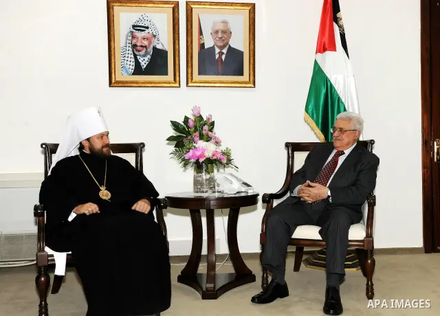 Palestinian President Mahmoud Abbas (Abu Mazen) meets with the Chairman of the Committee on Foreign Relations of the Russian Patriarchate, Aalarion in the West Bank city of Ramallah on Aug. 28, 2011. Photo by Mufeed Abu...