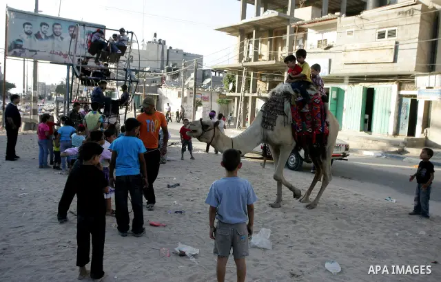 Palestinian children enjoy riding a camel at the second day of the Eid al-Fitr holiday, which marks the end of the holy fasting month of Ramadan in Rafah in the southern Gaza Strip on August 31 2011. Photo by Abed Rahim...
